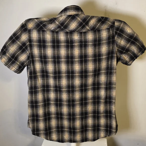 POP ICON CLOTHING Black and Cream Plaid Shirt with Cross Embroidery - Picture 7 of 11